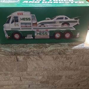 Hess Green and White Toy Truck with Dragster. Limit One Per Customer